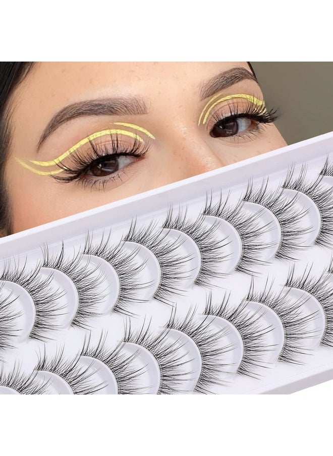 10 Pairs Clear Band Manga Lashes Natural Look 12Mm Anime Lashes Spiky Japanese Korean Asian False Eyelashes Look Like Individual Clusters (T12|10-15Mm)