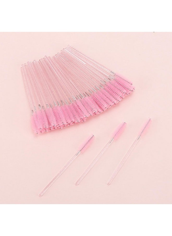 50 Pcs Disposable Mascara Wands, Crystal Eyebrow Spoolies Brush For Eyelash Extensions, Pink Eye Lash And Makeup Brush