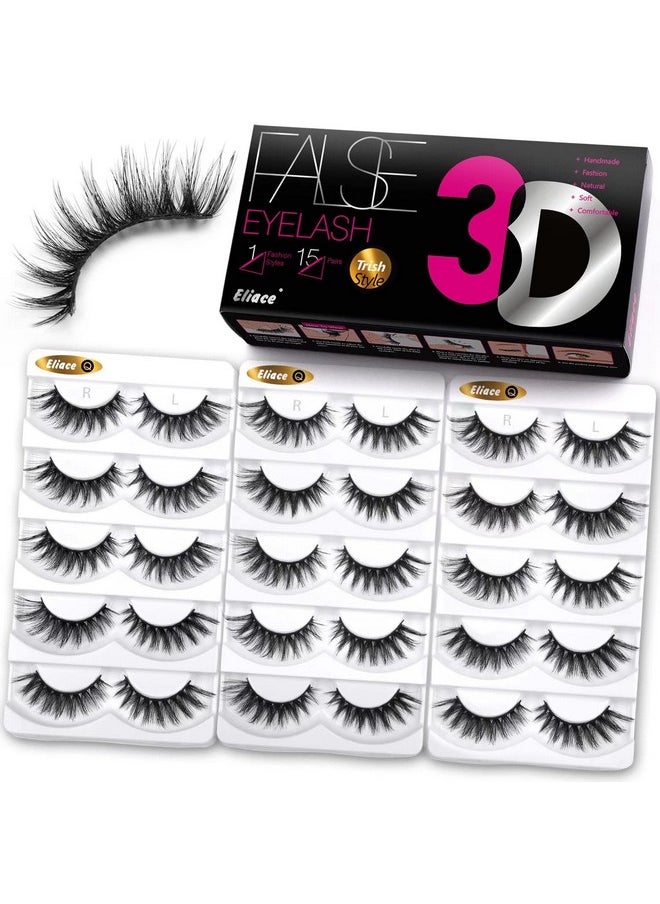 False Eyelashes Cat Eye-Lashes 3D Mink Lashes,Spiky Wispy Natural Long Faux Mink Lashes Strips Soft & Reusable Makeup Professional Fake Eyelashes Pack 15 Pairs | Trish Style