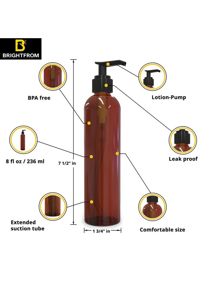 Lotion Pump Bottles, Empty 8 Oz, Bpa-Free Refillable Plastic Containers, Amber With Black Dispenser For - Soap, Shampoo, Lotions, Liquid Body Soap, Creams And Massage Oil (2 Pack)