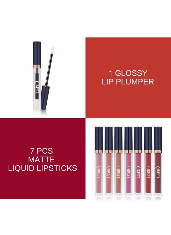 7Pcs Matte Liquid Lipstick + 1Pcs Lip Plumper Makeup Set Kit, Pigmented Long Lasting Lip Gloss Set, Velvet Waterproof Halloween Lip Makeup Valentine'S Day Gift Sets For Girls And Women