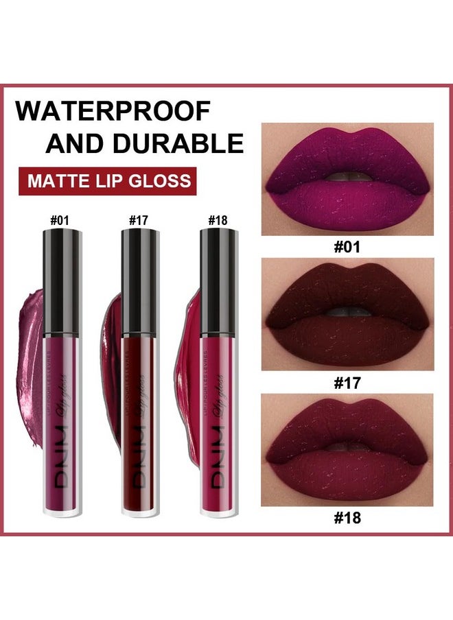 Dark Red Purple Matte Plum Liquid Lipstick 3Pcs Sets,24-Hour Lipstick Dark Deep Maroon Purple Brown Plum Red Lip Stain 24 Smudge Waterproof For Women