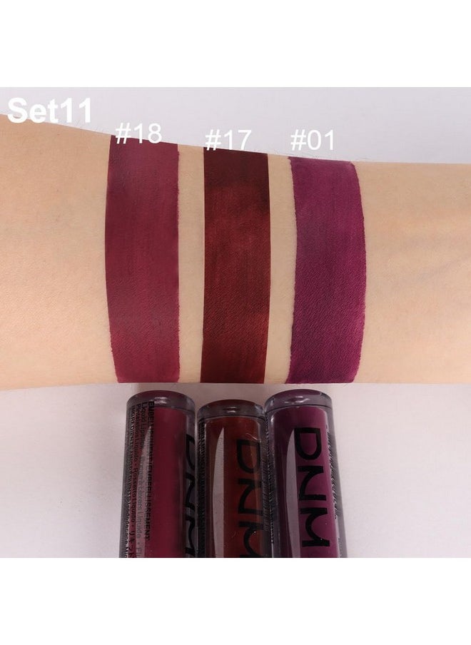 Dark Red Purple Matte Plum Liquid Lipstick 3Pcs Sets,24-Hour Lipstick Dark Deep Maroon Purple Brown Plum Red Lip Stain 24 Smudge Waterproof For Women