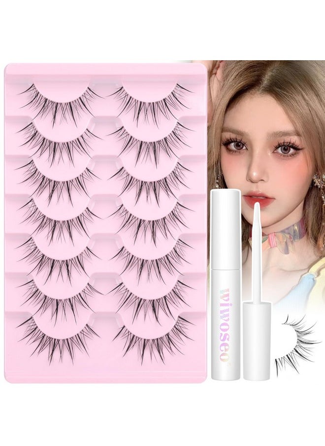 Manga Lashes Natural Look Eyelashes With Glue Anime Lashes With Glue Clear Band Lashes Kit Mayhug Lashes Extension Wispy Strip Lashes Invisible Band False Eyelashes Korean Makeup 7 Pairs