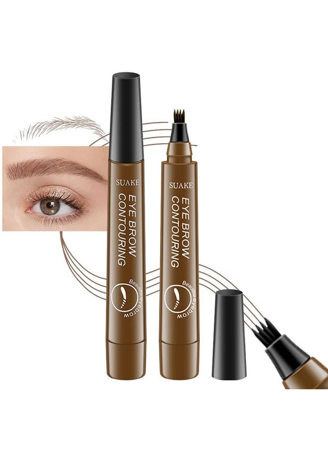 Suake 2Pcs Medium Brown Magic Microblading Eyebrow Contouring Pen Pencil, 4 Tipped Precise Eye Brow Contouring Pen With Sponge Micro-Fork Tips Applicator, Creates Natural Looking Brows Eyebrow