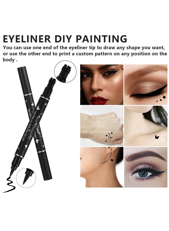 5Pcs Double-Headed Liquid Eyeliner Stamp Pencil Set,Winged Eyeliner Stamp Pen Women Black Long-Lasting Delineador De Ojos,(Heart/Flower/Star/Butterfly/Cone) Shape Eye Liner Stamp