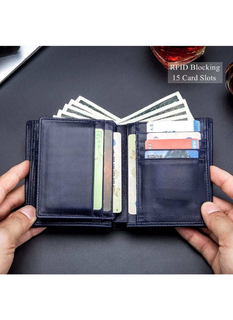 Men's Genuine Leather Wallet   RFID Blocking Wallet 14 Card Slots  1 ID Window and Large Capacity Can Hold 50 Currency Notes