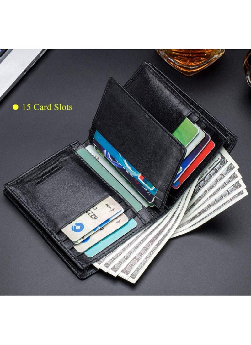 Men's Genuine Leather Wallet   RFID Blocking Wallet 14 Card Slots  1 ID Window and Large Capacity Can Hold 50 Currency Notes