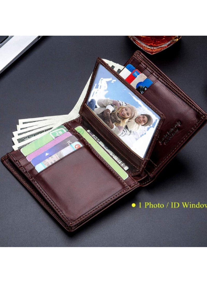 Men's Genuine Leather Wallet   RFID Blocking Wallet 14 Card Slots  1 ID Window and Large Capacity Can Hold 50 Currency Notes