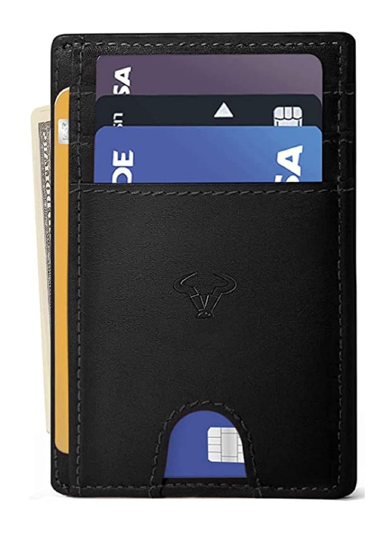 Genuine Leather Slim Wallet RFID Blocking Skinny Minimal Thin Front Pocket Wallet Sleeve Card Holder for Men 7 Card Slots 1 ID Window