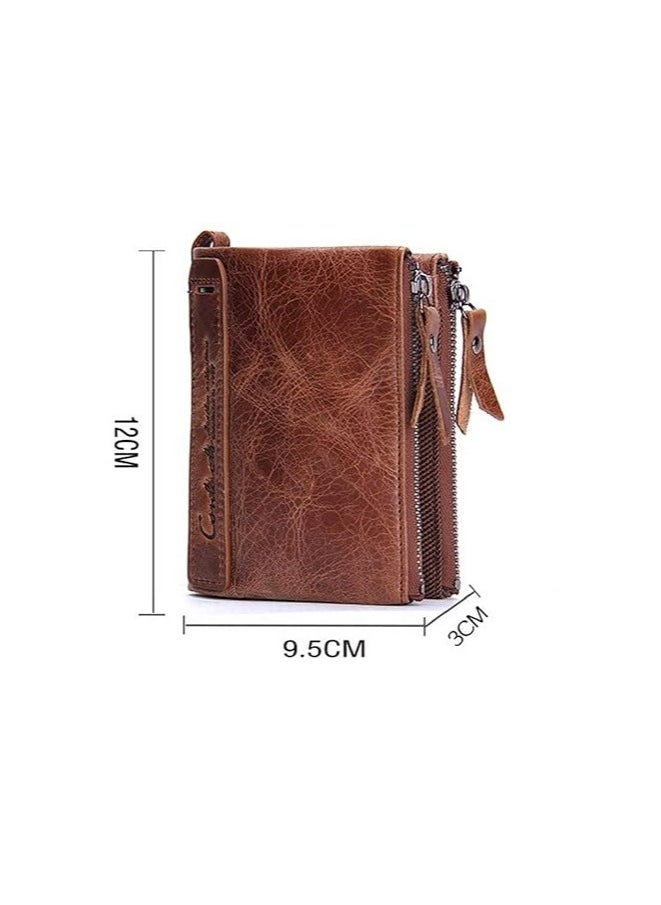 Contacts Men's Genuine Leather Wallet  RFID Blocking Wallet for Men Bifold Zip Wallet 7 Card Slots  1 ID Window