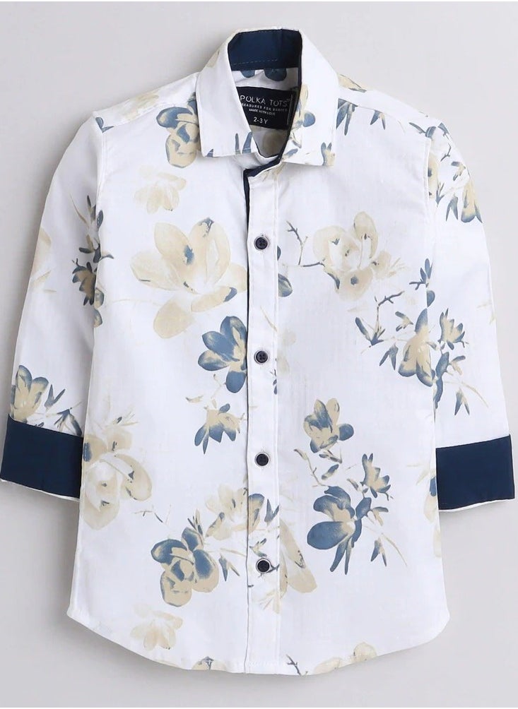 Polka Tots Full Sleeves Shirt Yellow Blue Floral Print - White