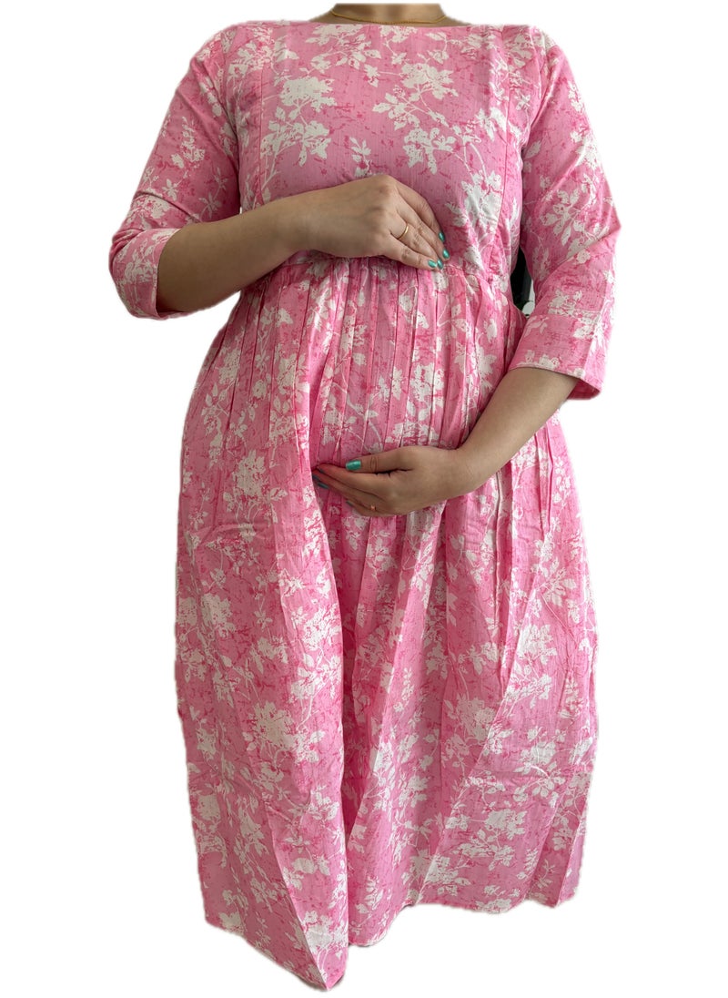 Zebees Women's Pink Floral Print Cotton Maternity & Feeding Dress, Comfortable & stylish