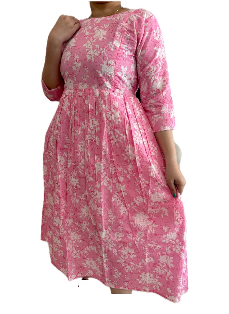 Zebees Women's Pink Floral Print Cotton Maternity & Feeding Dress, Comfortable & stylish