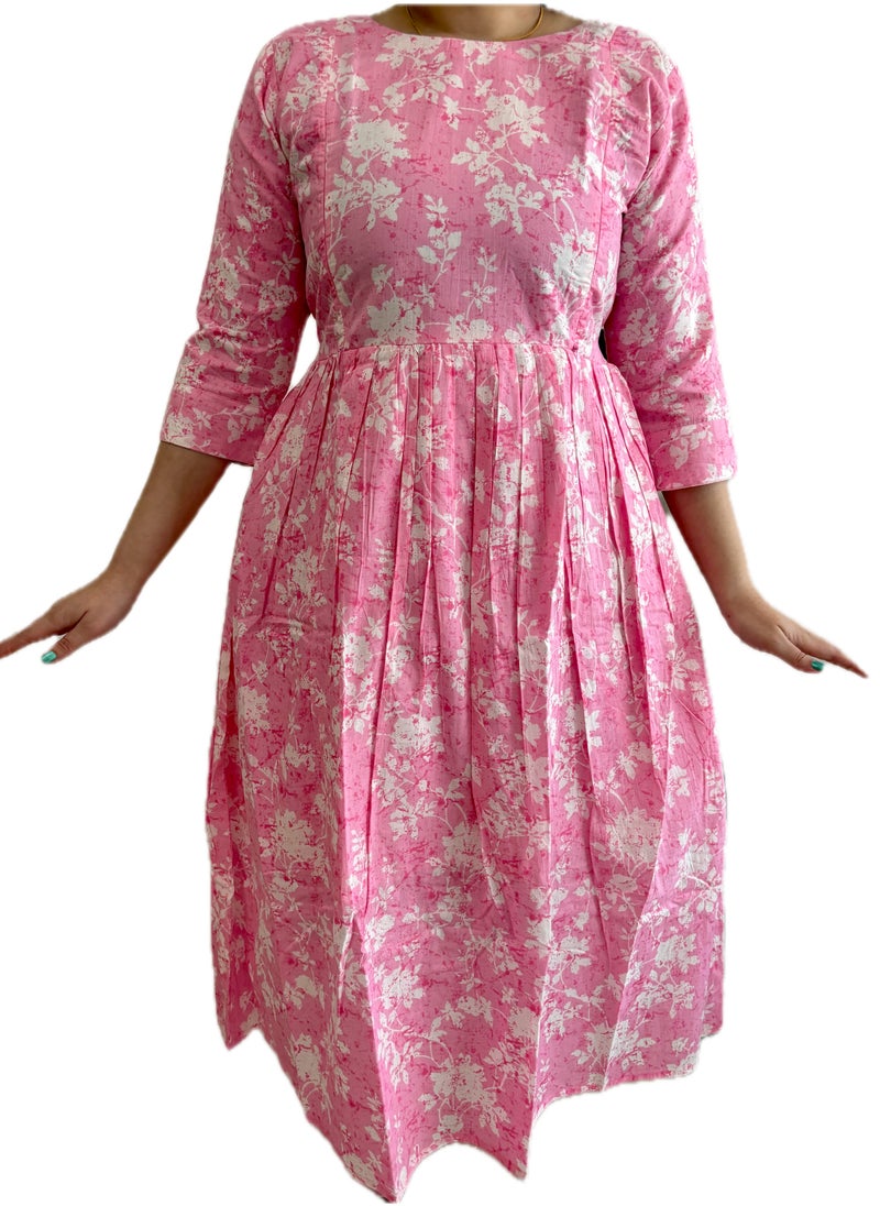 Zebees Women's Pink Floral Print Cotton Maternity & Feeding Dress, Comfortable & stylish