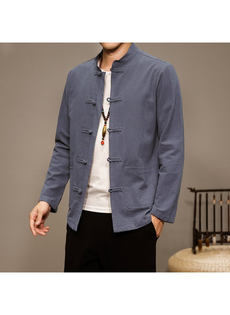 Retro Linen Shirt Long Sleeve Solid Mens Chinese Style Hanfu Grey
