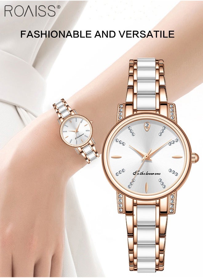 Women's Ceramic Strap Quartz Watch, Analog Display Round Dial with Zirconium Diamonds Decoration, Waterproof Fashion Wristwatch as Gift for Ladies