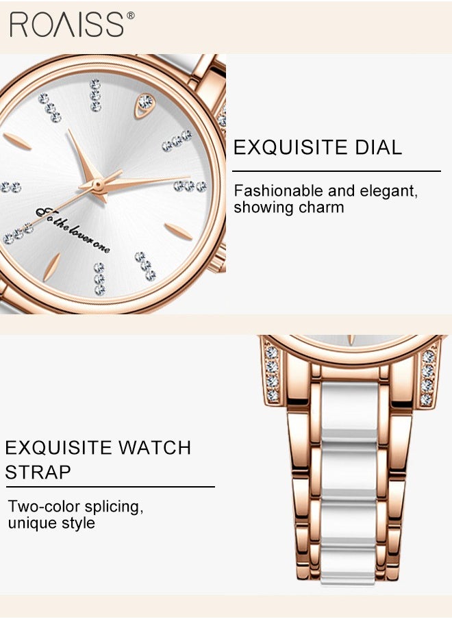 Women's Ceramic Strap Quartz Watch, Analog Display Round Dial with Zirconium Diamonds Decoration, Waterproof Fashion Wristwatch as Gift for Ladies