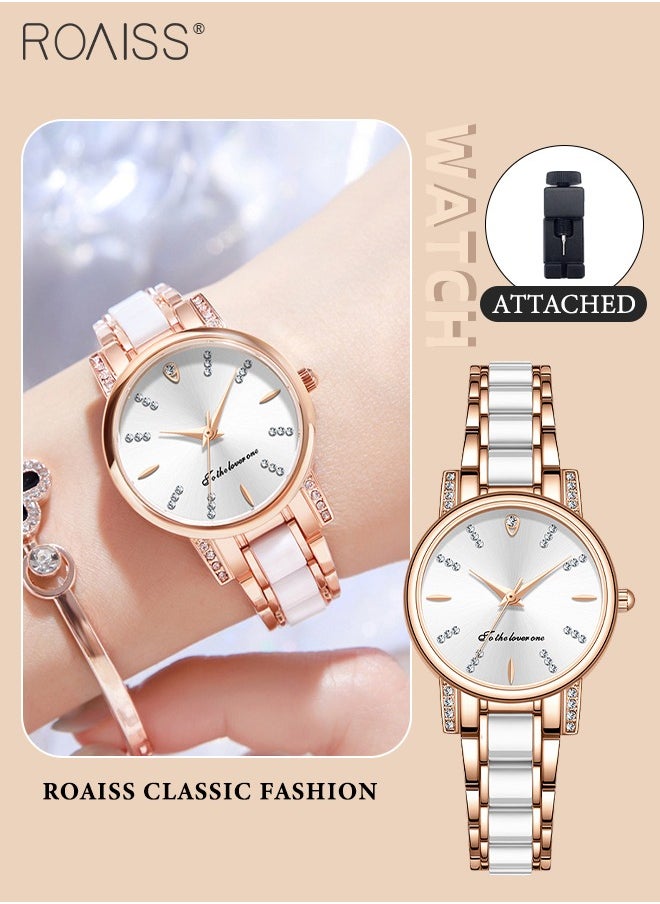 Women's Ceramic Strap Quartz Watch, Analog Display Round Dial with Zirconium Diamonds Decoration, Waterproof Fashion Wristwatch as Gift for Ladies