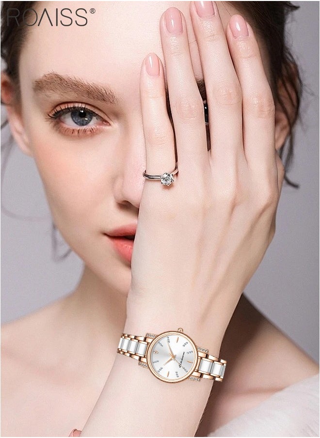 Women's Ceramic Strap Quartz Watch, Analog Display Round Dial with Zirconium Diamonds Decoration, Waterproof Fashion Wristwatch as Gift for Ladies