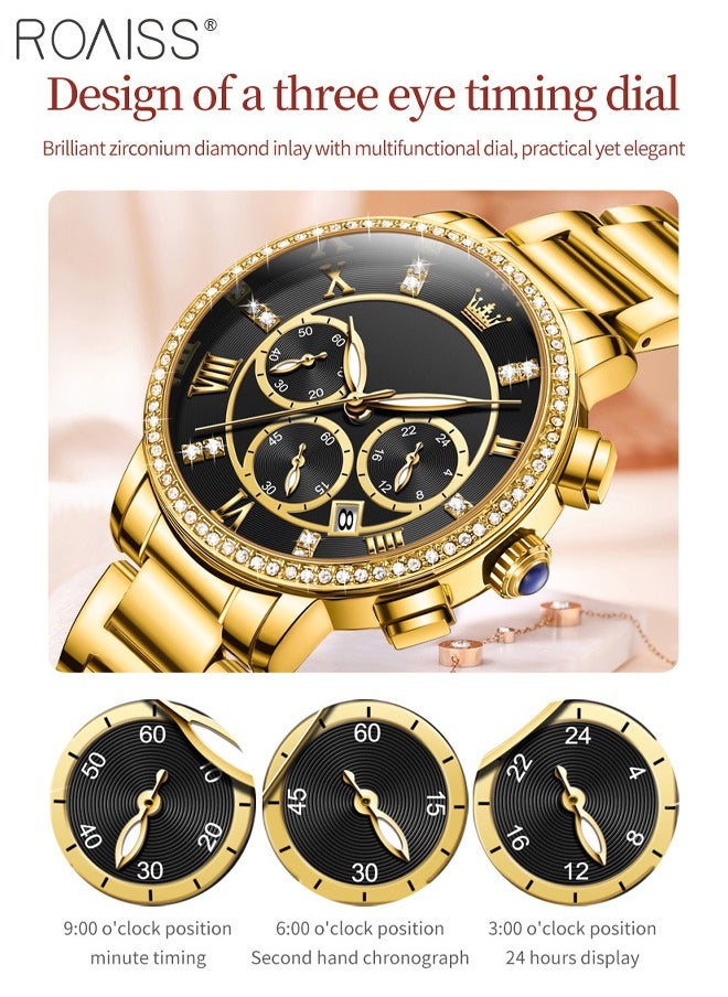 Women's Steel Strap Chronograph Quartz Watch Round Dial with Diamonds Decoration and Date Display Waterproof Luxurious Luminous Wristwatch as Gift for Ladies