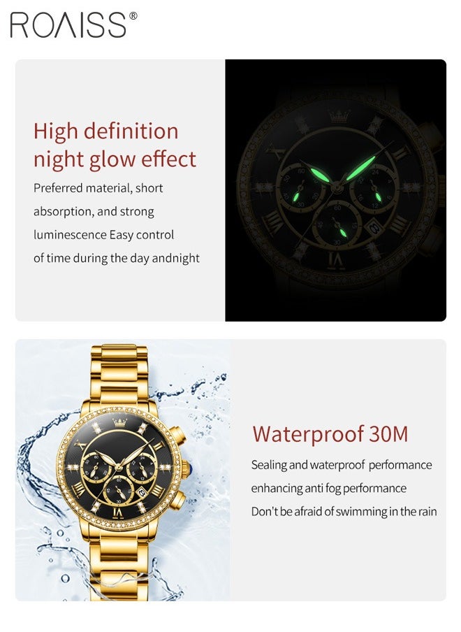 Women's Steel Strap Chronograph Quartz Watch Round Dial with Diamonds Decoration and Date Display Waterproof Luxurious Luminous Wristwatch as Gift for Ladies