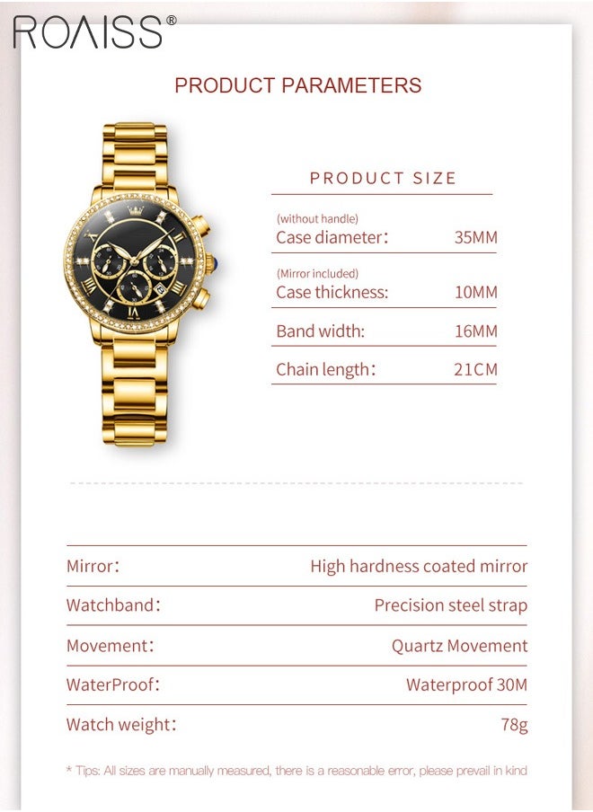 Women's Steel Strap Chronograph Quartz Watch Round Dial with Diamonds Decoration and Date Display Waterproof Luxurious Luminous Wristwatch as Gift for Ladies