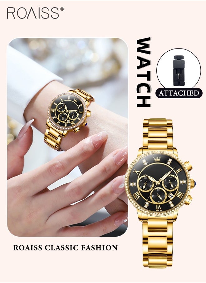 Women's Steel Strap Chronograph Quartz Watch Round Dial with Diamonds Decoration and Date Display Waterproof Luxurious Luminous Wristwatch as Gift for Ladies