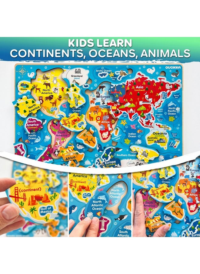 Wooden Puzzles For Kids Ages 4-6 - 3 Educational Wood Toddler Puzzles Ages 3-5 - Learning United States Toddler Game Puzzles Ages 2-4 - Gift World, Space And Usa Maps For Boys And Girls
