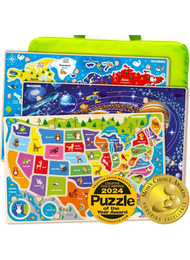 Wooden Puzzles For Kids Ages 4-6 - 3 Educational Wood Toddler Puzzles Ages 3-5 - Learning United States Toddler Game Puzzles Ages 2-4 - Gift World, Space And Usa Maps For Boys And Girls