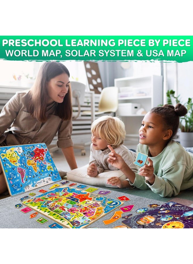 Wooden Puzzles For Kids Ages 4-6 - 3 Educational Wood Toddler Puzzles Ages 3-5 - Learning United States Toddler Game Puzzles Ages 2-4 - Gift World, Space And Usa Maps For Boys And Girls