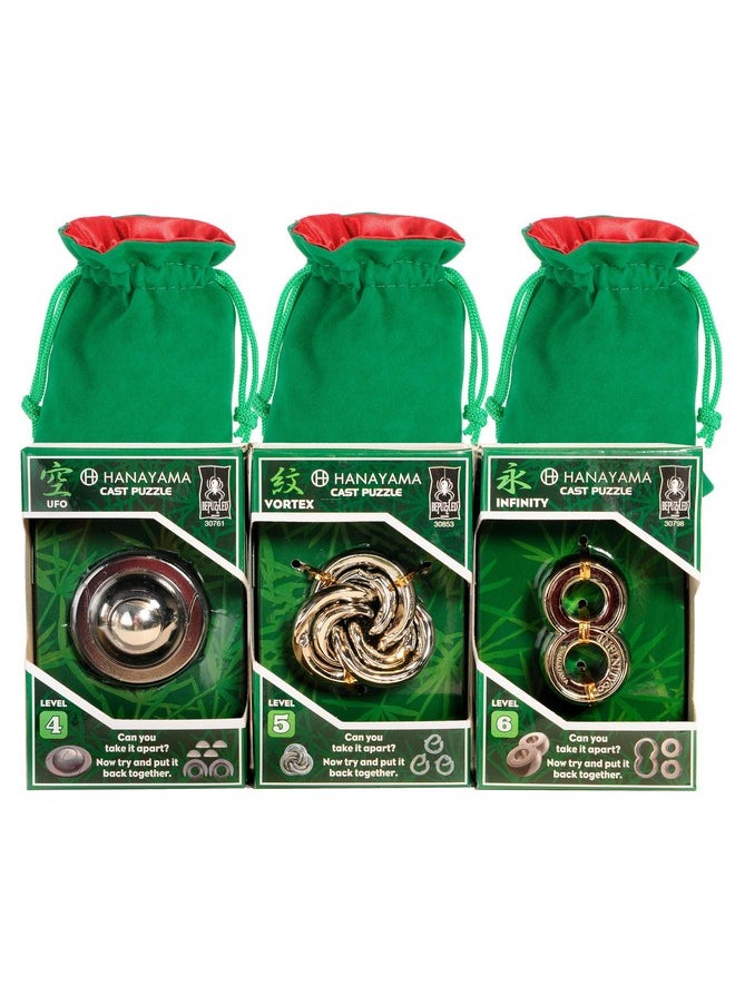 Ufo, Vortex & Infinity Hanayama Brain Teaser Puzzles, With 3 Green Velveteen/Red Satin Drawstring Pouches - Bundled Items