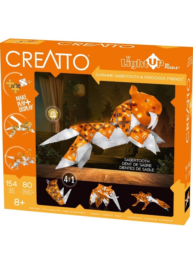Creatto Sunshine Sabertooth & Ferocious Friends Light-Up 3D Puzzle Kit | Includes Creatto Puzzle Pieces To Make Illuminated Craft Creations, Tiger, Mammoth, Elasmosaurus, Rhino | Diy Activity W/ Leds