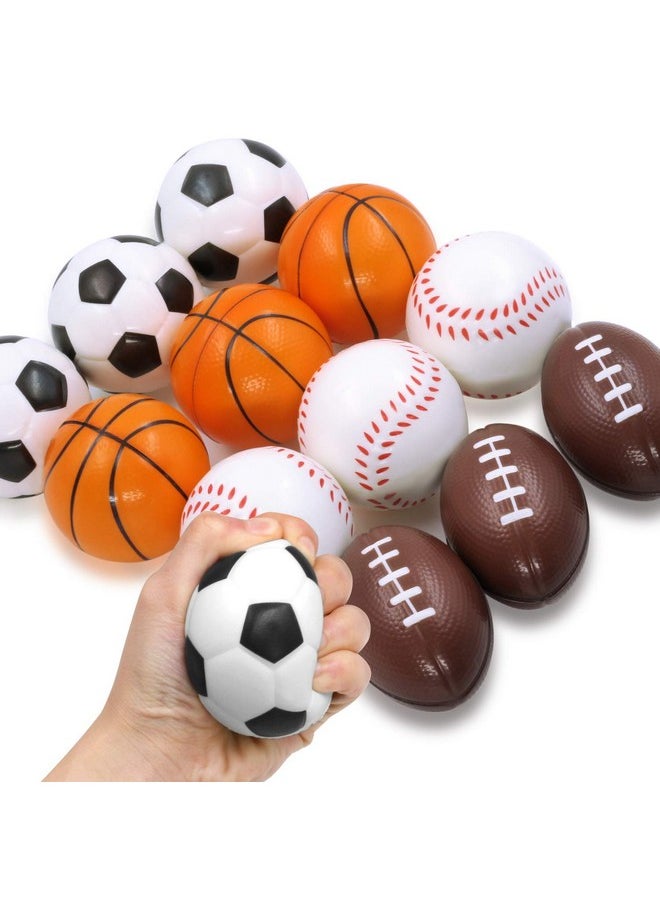 Squeezable Stress Balls - Anti-Stress Baseball, Basketball, Soccer, Football For Tension Relief - Relaxation Gadgets, Fidget Toys, Party Favors, Carnival Prizes(12 Pack & 4 Ballgames)