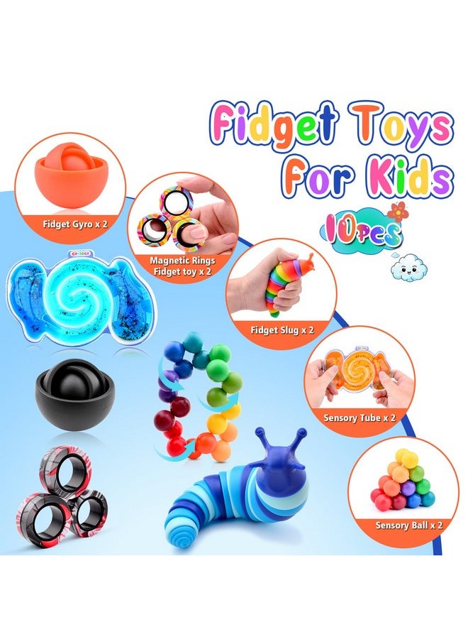 10Pcs Fidget Toys Adults Pack,Stocking Stuffers For Teens Boys Girls,Autism Sensory Toys With Fidget Spinner Slug Magnetic Rings,Squishy Fidget Toys Adhd Stress Relief,Party Favor For Kid-Bo