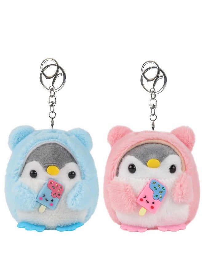 2 Pcs Small Stuffed Animals Penguin Plush Toy With Keychain Award Goodie Bag Fillers Penguin Plushies Animal Toy Easter Party Favors (Blue, Pink)