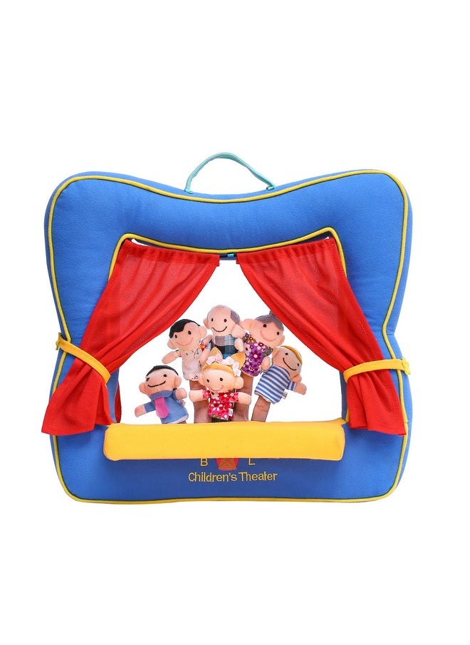 Finger Puppet Theater Stage By Better Line - Set Includes 6 Finger Family Puppets - Portable Plush Finger Puppet Theater Is The Best Preschool Kids (Blue)