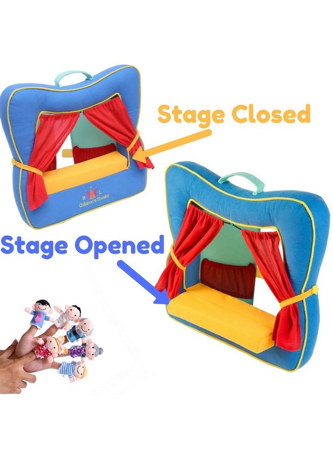 Finger Puppet Theater Stage By Better Line - Set Includes 6 Finger Family Puppets - Portable Plush Finger Puppet Theater Is The Best Preschool Kids (Blue)