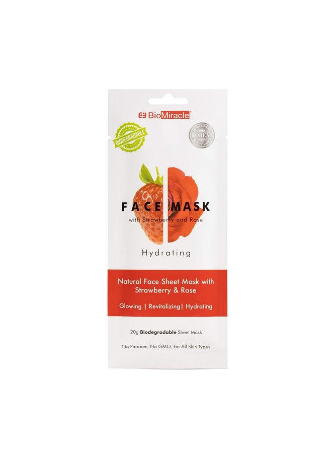 Hydrating, Natural Face Mask Sheet, With Strawberry And Rose, For Glowing, Revitalized, Moisturized Skin, Spa Treatment Mask (Pack Of 5)