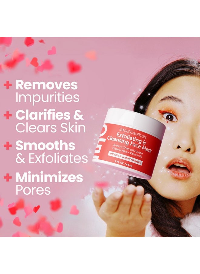 Korean Face Scrub - Exfoliating Face Mask Skincare K Beauty Mask For Glass Skin - Kaolin Clay + Charcoal Cream Exfoliant Mask 2Oz