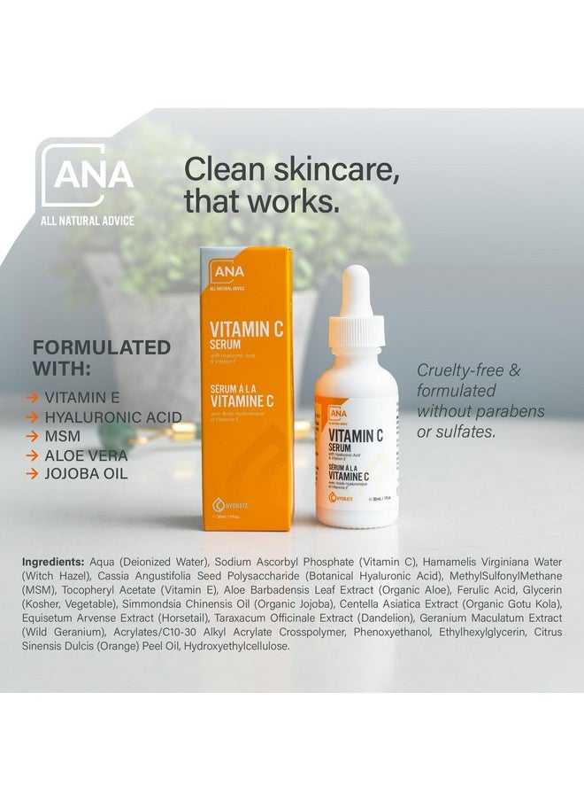 Vitamin C Serum For Face, 30Ml / 1Oz With 20% Vitamin C, Hyaluronic Acid, Aloe, Msm, Vitamin E, & Organic Botanicals Solution, Support Skin Brightening With Vitamin C Face Serum