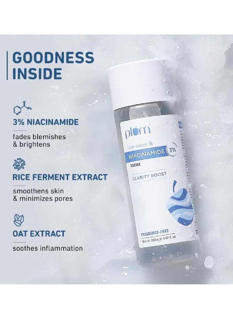 Plum 3% Niacinamide Toner with Rice Water Vitamin B3 with Japanese Fermented Rice Water For Clear Blemish Free Hydrated Skin Suits all skin types 100% Vegan