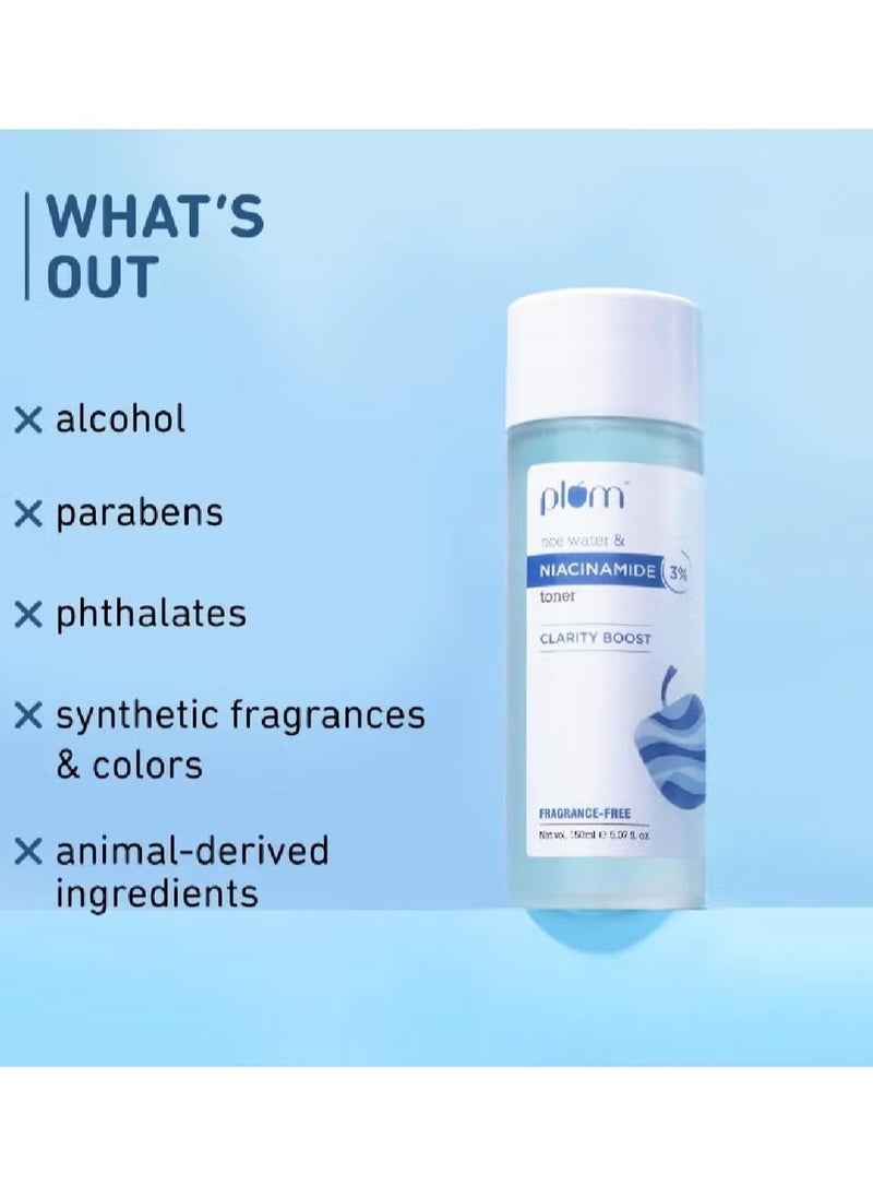 Plum 3% Niacinamide Toner with Rice Water Vitamin B3 with Japanese Fermented Rice Water For Clear Blemish Free Hydrated Skin Suits all skin types 100% Vegan