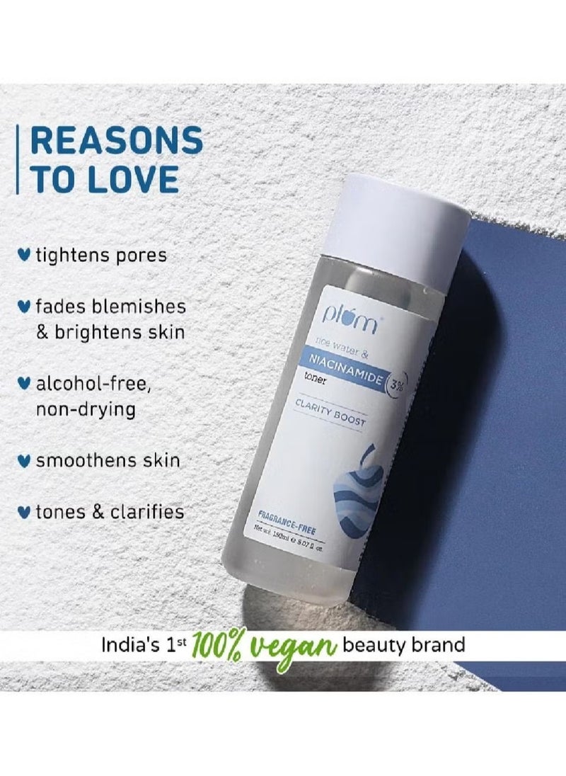 Plum 3% Niacinamide Toner with Rice Water Vitamin B3 with Japanese Fermented Rice Water For Clear Blemish Free Hydrated Skin Suits all skin types 100% Vegan