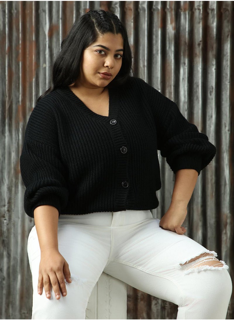 Women's Black 100% Acrylic Solid Sweater