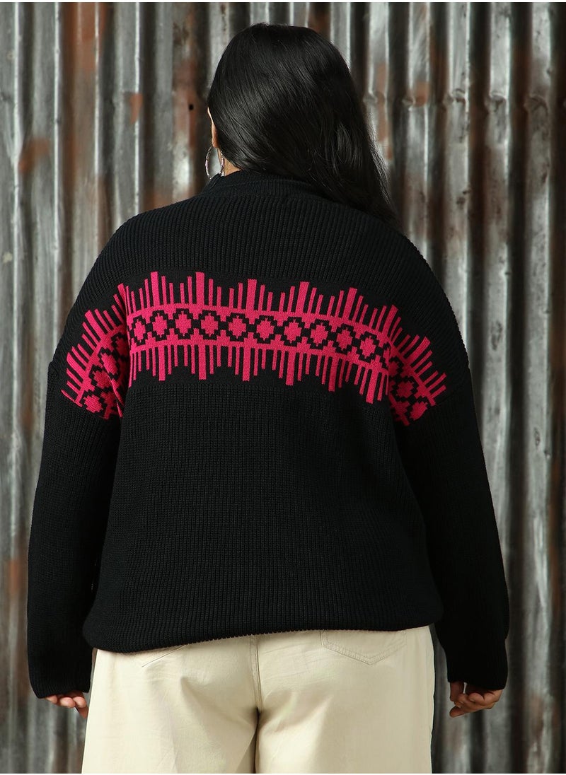 Women's Black 100% Acrylic Solid Sweater