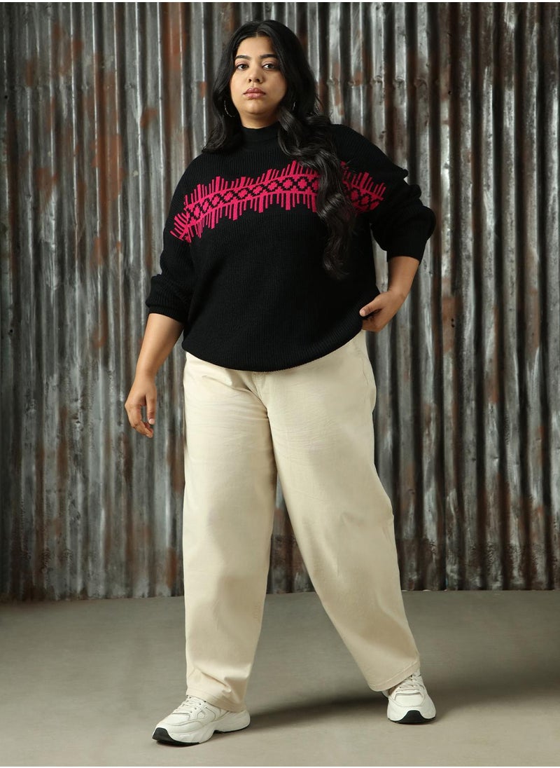 Women's Black 100% Acrylic Solid Sweater