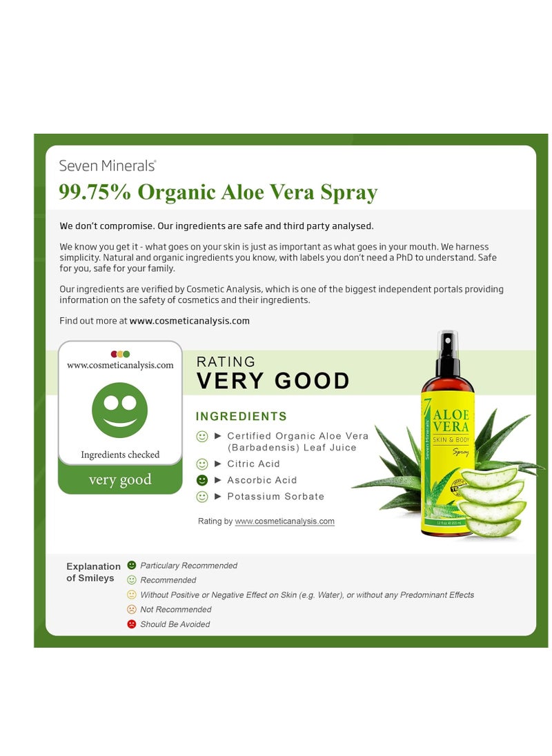 Seven Minerals, Organic Aloe Vera Spray for Body & Hair - From Freshly Cut Aloe Plant, Extra Strong, Easy to Apply, No Thickeners So It Absorbs Rapidly, No Sticky Residue - Made in USA (Big 12 fl oz)