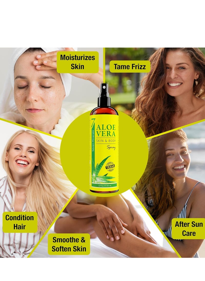 Seven Minerals, Organic Aloe Vera Spray for Body & Hair - From Freshly Cut Aloe Plant, Extra Strong, Easy to Apply, No Thickeners So It Absorbs Rapidly, No Sticky Residue - Made in USA (Big 12 fl oz)