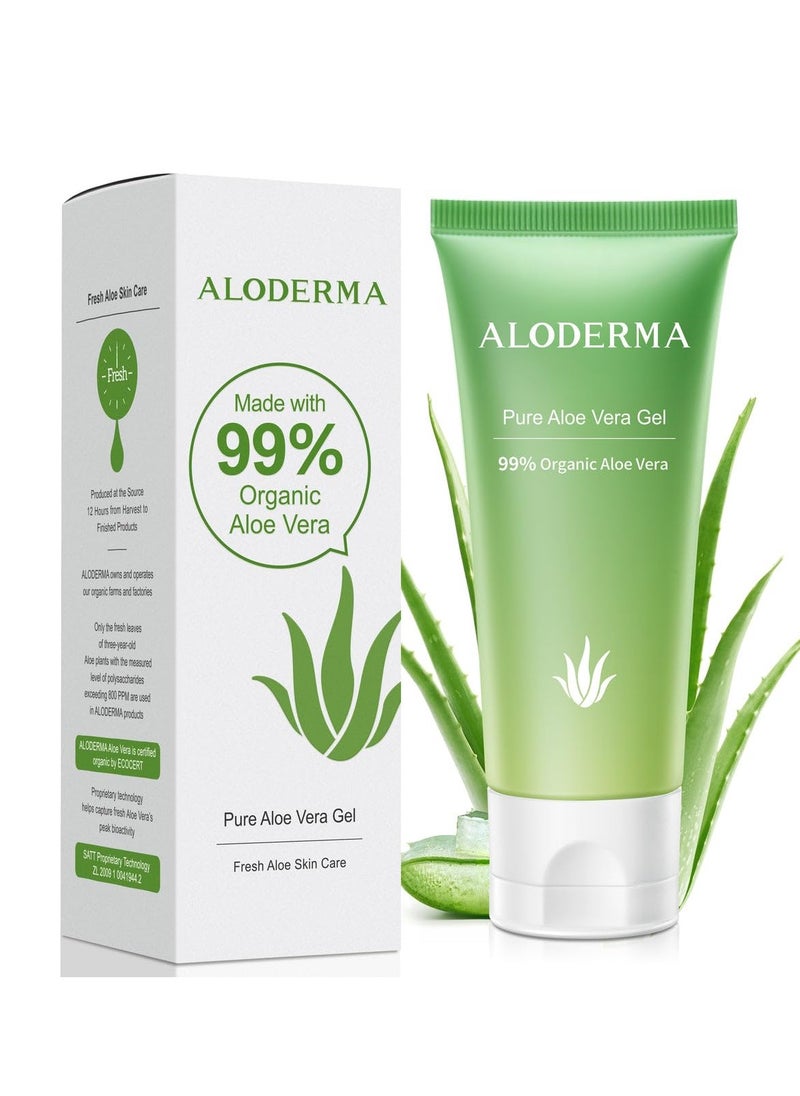 Aloderma 99% Organic Aloe Vera Gel Made within 12 Hours of Harvest, Refreshing Travel Size Aloe Vera Gel for Face & Body, Cooling, Soothing Instant Relief for Skin & Sunburn, Hydrating Aloe Gel, 1.5oz